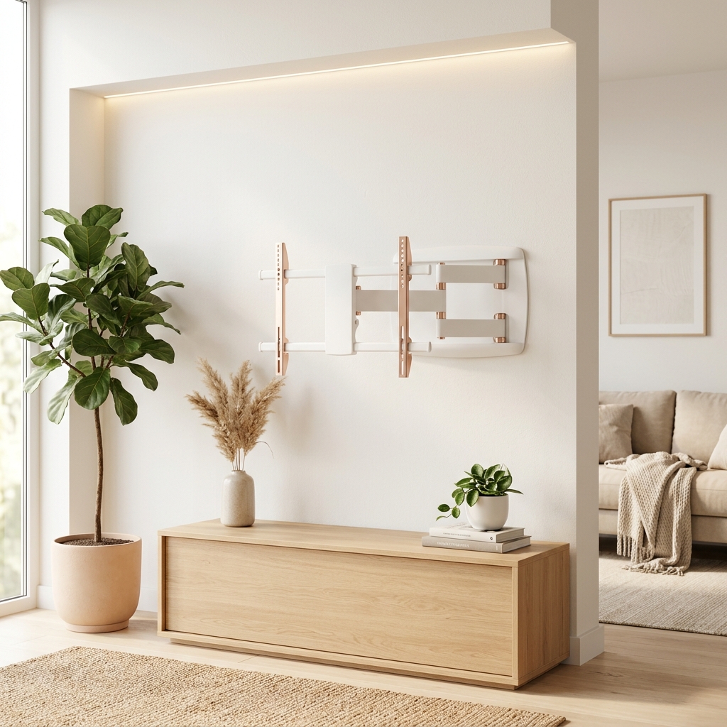 White rose-gold TV wall mount in a bright Scandinavian living space